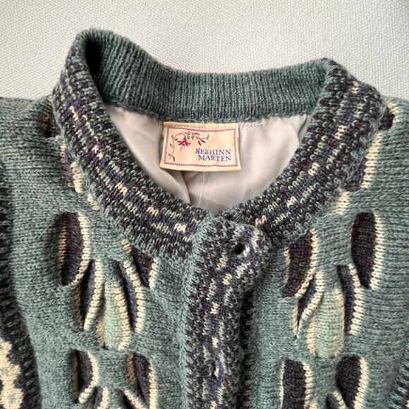 Bebhinn Marten Irish Wool Cardigan Sweater Green Blue Diamond Knit Made Ireland - Picture 3 of 13